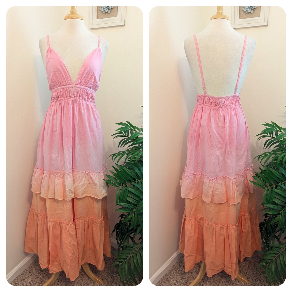 Fore Ombre Tiered Ruffle Backless Maxi Dress Pink Orange Large